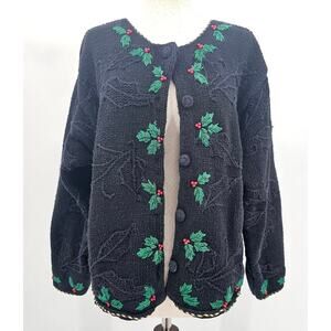 Vtg 90s Craft & Barrow Women's L Black Hand Knitted Christmas Holly Sweater